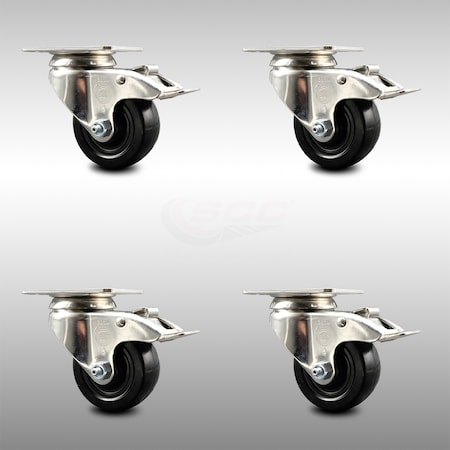 Service Caster 3 Inch 316SS Soft Rubber Swivel Top Plate Caster Set Total Lock Brake SCC SCC-SS316TTL20S314-SRS-4